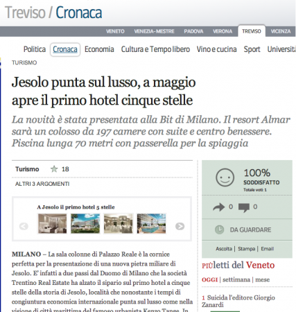Corriere del Veneto: Jesolo punta sul lusso, a maggio apre il primo hotel cinque stelle