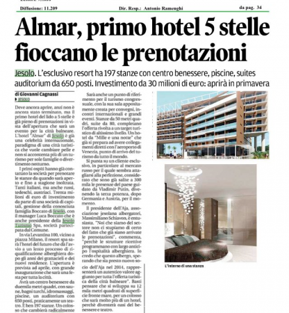 La Nuova Venezia: “Almar, primo hotel 5 stelle. Fioccano le prenotazioni”