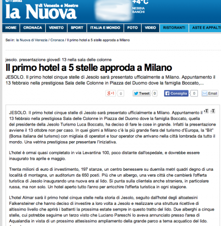 Il primo hotel a 5 stelle approda a Milano. Presentazione giovedì 13 nella Sala delle Colonne